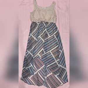 Cato Beige Lace Top High-Low Geometric Print Dress